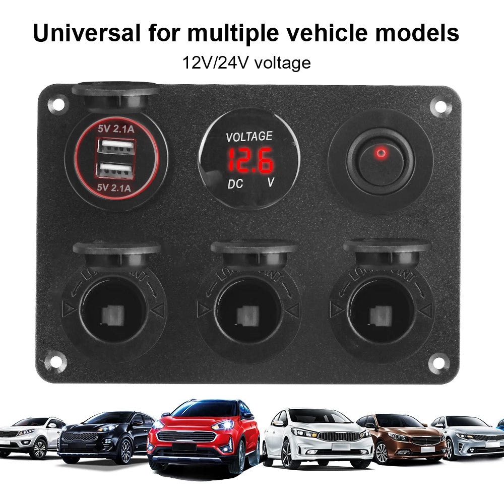 12V Power Panel – 3 Sockets, Dual USB 4.2A & LED Voltmeter Car Power Panel Axl
