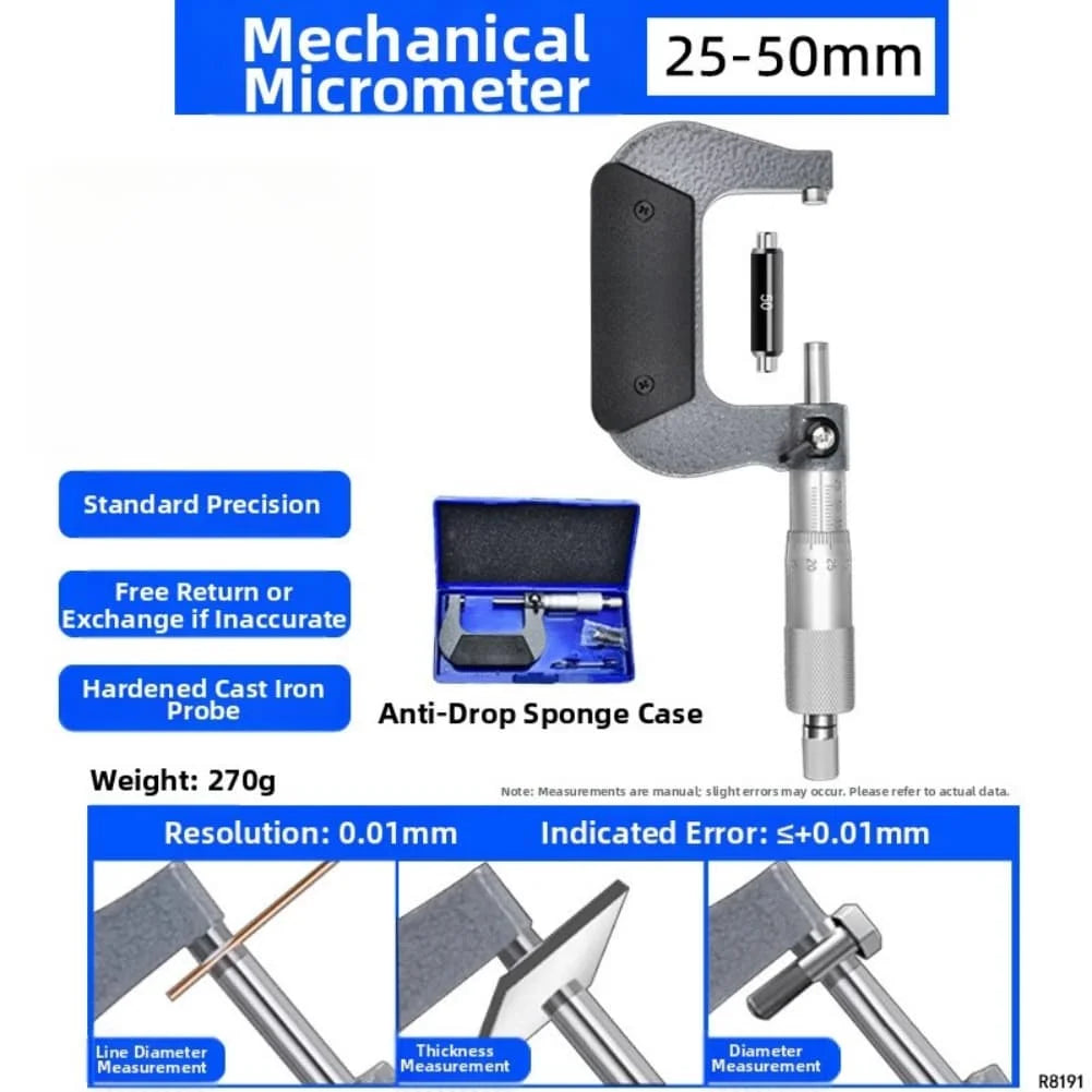 Mechanical Outside Micrometer 0–100mm Metric Gauge | 0.01mm Mechanical Micrometer Axl 25-50mm China Mainland