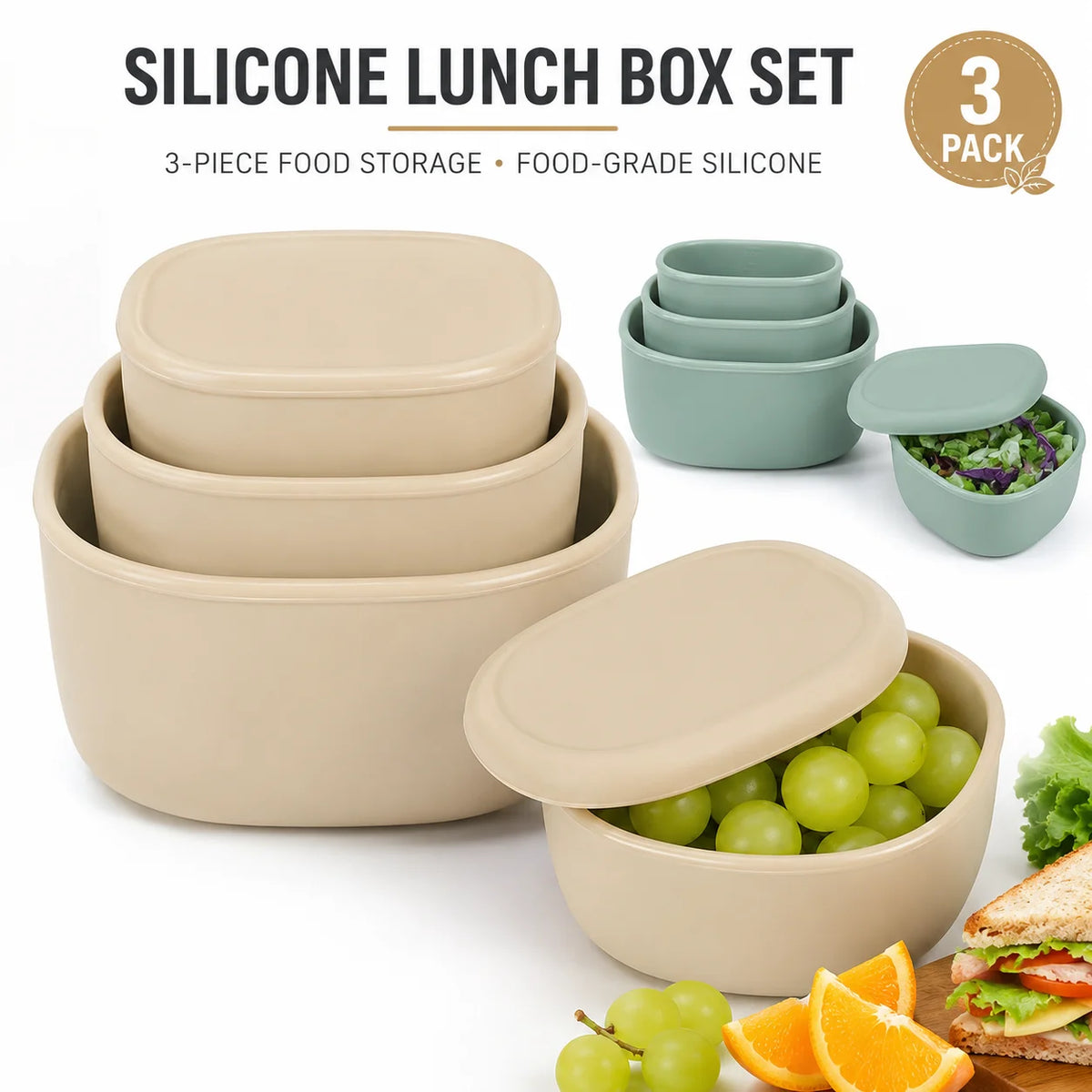 Silicone Bento Lunch Box Set of 3 – Nesting Food Containers Food Storage Set Axl