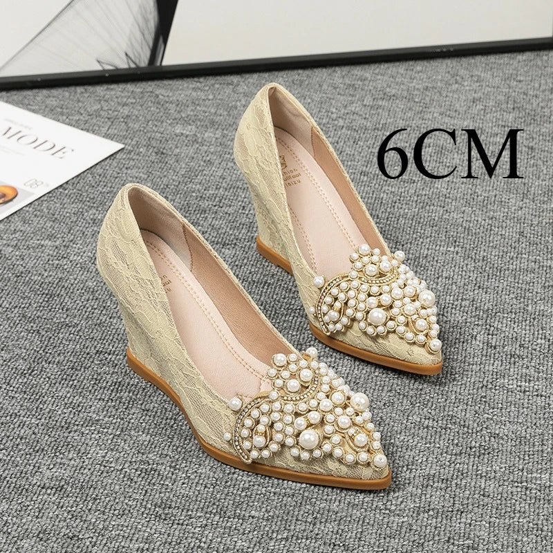 Pearl Embroidered Wedding Pumps – Pointed Toe Wedge Heels Wedding Pumps Axl apricot-6CM 38