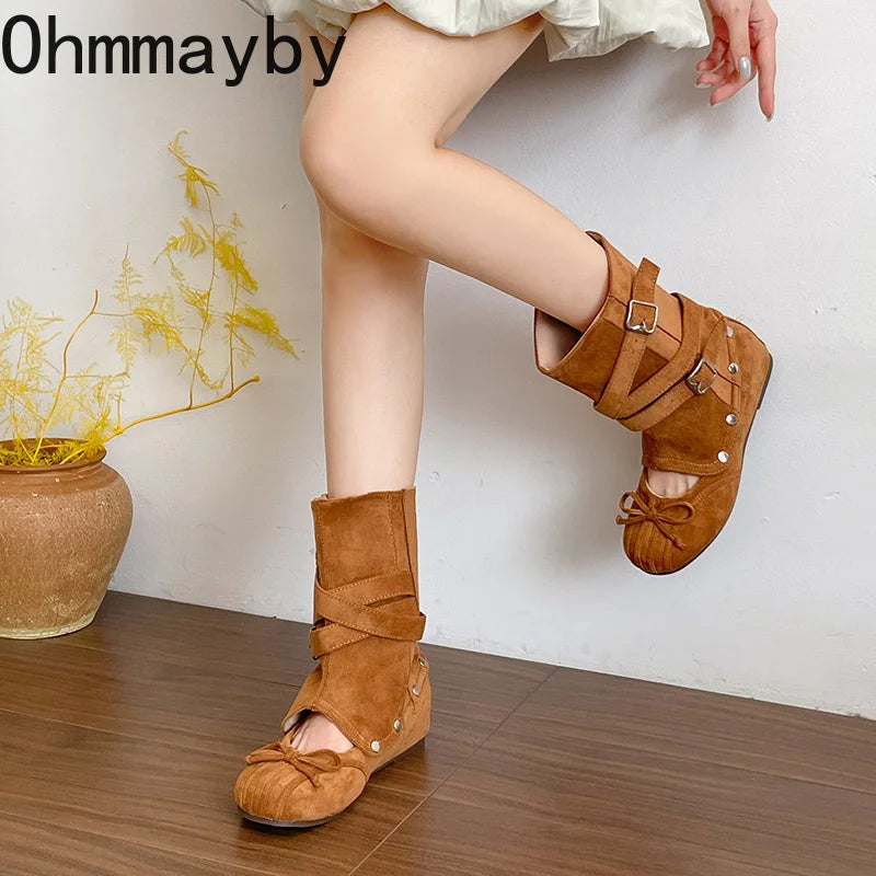 Women's Vintage Hollow-Out Wedge Boots – Multi Buckle Slip-On Wedge Boots Axl