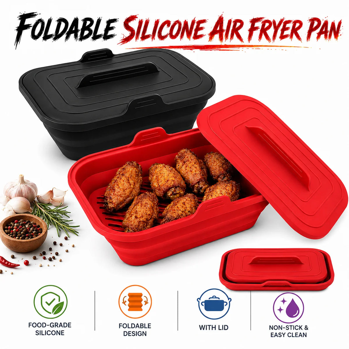 Foldable Silicone Air Fryer Basket with Lid | Reusable Baking Pan Silicone Baking Pan Axl