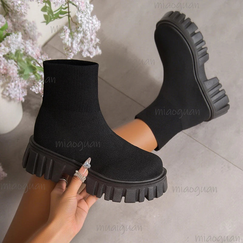 Women's Platform Slip-On Knit Ankle Boots – Thick Sole Platform Ankle Boots Axl