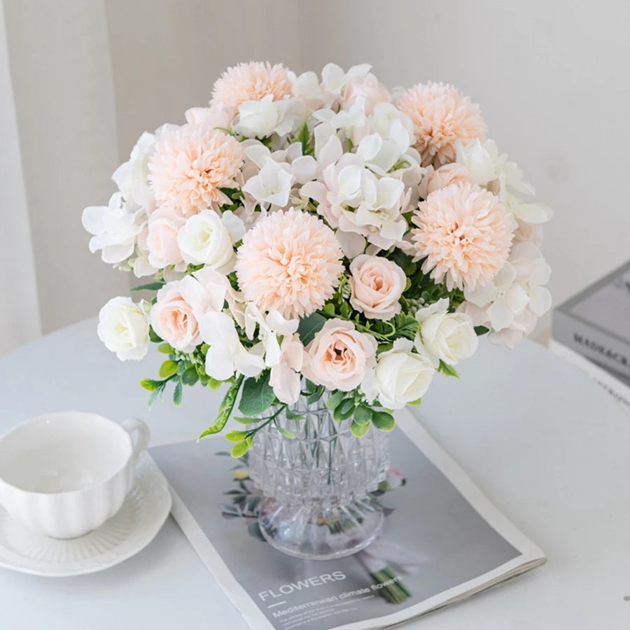 Silk Rose & Chrysanthemum Bouquet – Wedding Garden Decor Artificial Silk Bouquet Axl