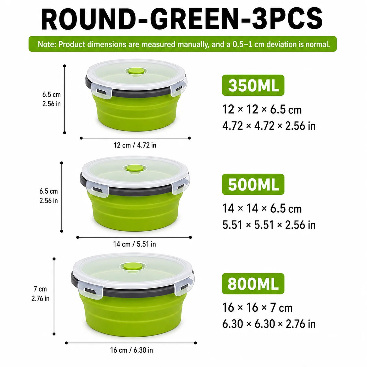 Uwhise 4-Pack Collapsible Silicone Food Containers | Leakproof Silicone Food Containers Axl Round-Green-3Pcs