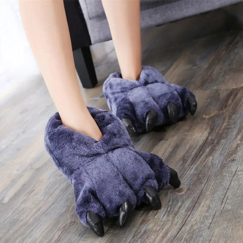 Men's Fluffy Animal Print Slippers | Bear Paw Faux Fur Slides Novelty Fluffy Slippers Axl Blue 5