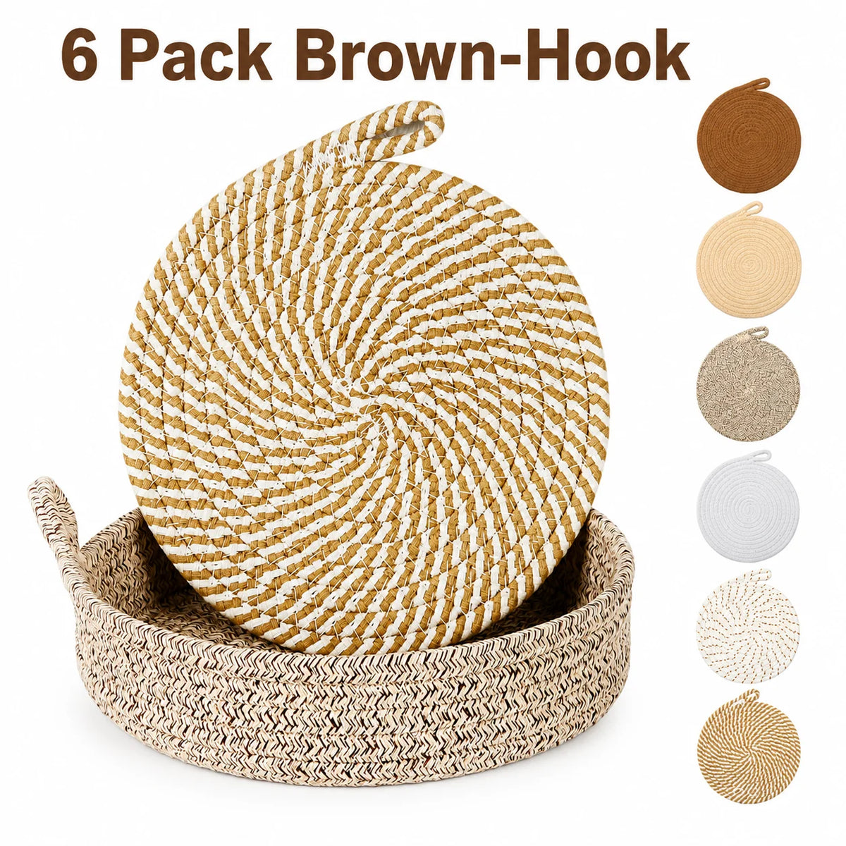 Woven Cotton Trivet Set of 6 with Holder | Nordic Hot Pads Kitchen Trivets Set Axl 6 Pack Brown-Hook 18cm