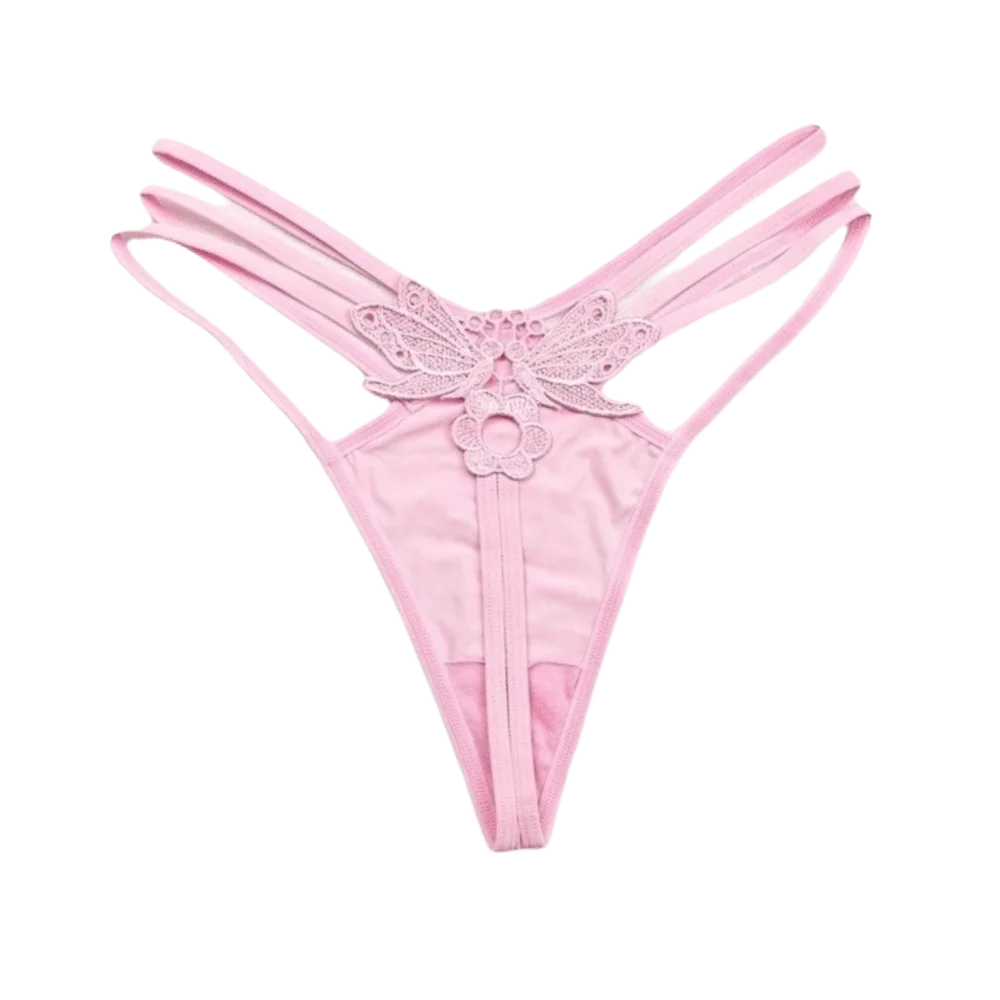 Women's Lace Butterfly Thong – Low Rise Nylon T-Back Panties Thong Panties Axl Pink One Size 1pc
