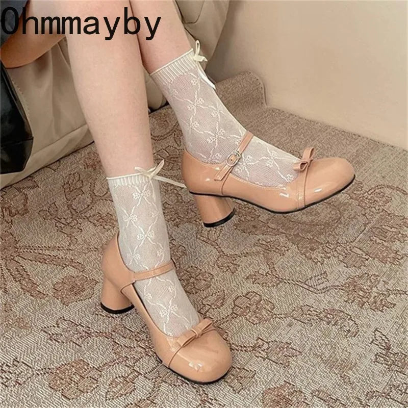 Butterfly-Knot Mary Jane Pumps | Women's Lolita Square Heels Mary Jane Pumps Axl