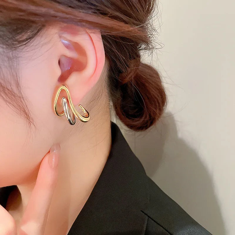 Huitan Two-Tone Metal Stud Earrings | Geometric Fashion Jewelry Stud Earrings Axl