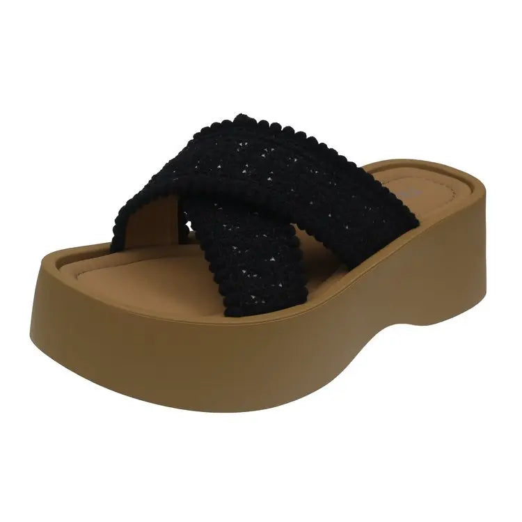Woven Chunky Platform Sandals – Bohemian Cross-Strap Beach Heels Platform Sandals Axl Black 39