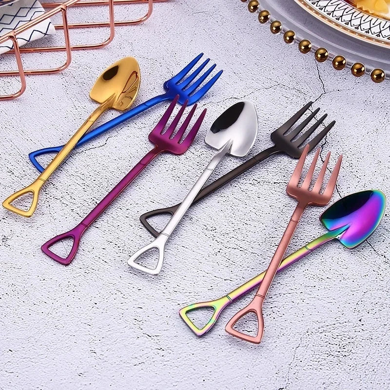 Shovel Shape Stainless Steel Dessert Spoon & Fruit Fork Novelty Flatware Axl