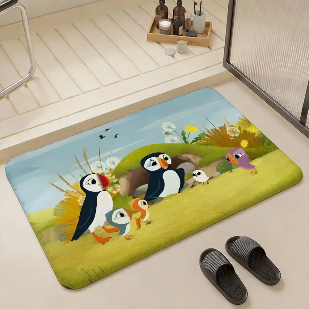 Kids Cartoon Puffin Flannel Floor Rug – Soft Non-Slip Indoor Mat Kids Floor Rug Axl