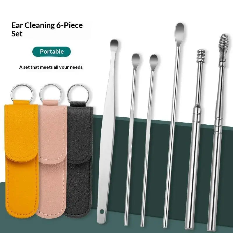6-Piece Stainless Steel Ear Pick Set with PU Pouch Ear Cleaning Kit Axl
