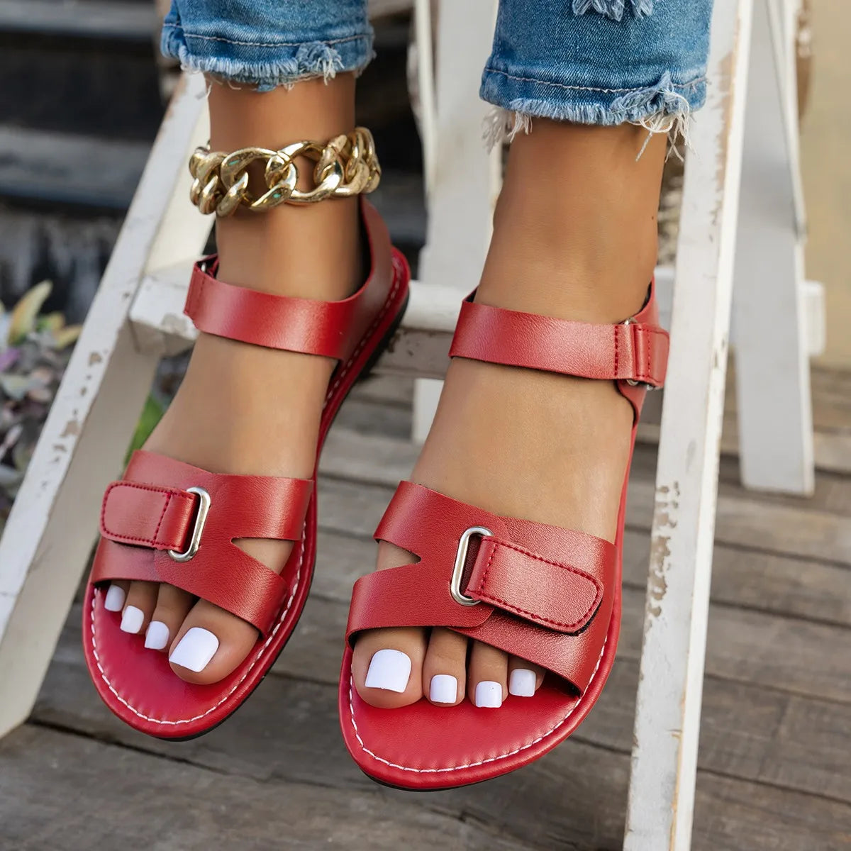 Women's Flat Sandals – Metal Buckle Open Toe Beach Roman Shoes Women's Flat Sandals Axl