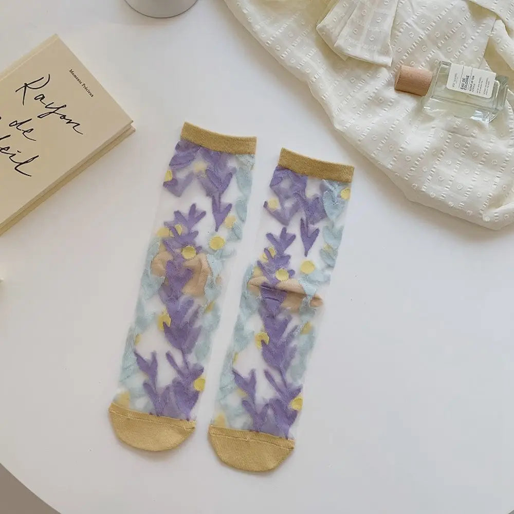 Korean Floral Mesh Tube Socks – Sheer Embroidery Women's Socks Floral Mesh Socks Axl yellow One Size