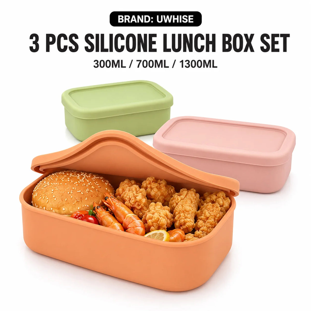 Uwhise 3-Piece Silicone Lunch Box Set | Microwave Safe 300–1300ml Silicone Lunch Box Set Axl