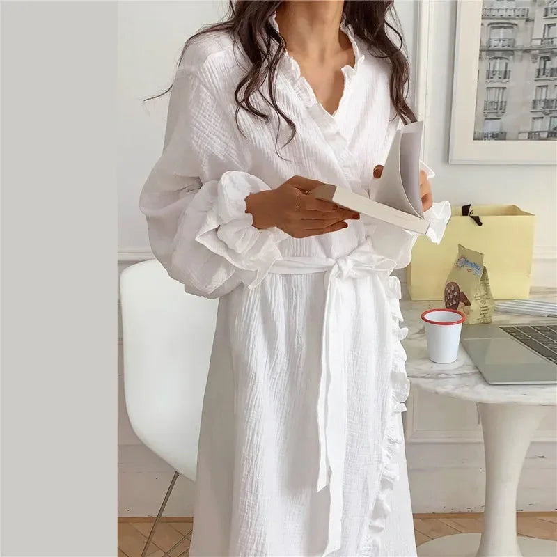 Women's Long Sleeve Lace Nightgown – Korean Sleepwear Robe Women's Nightgown Axl white M