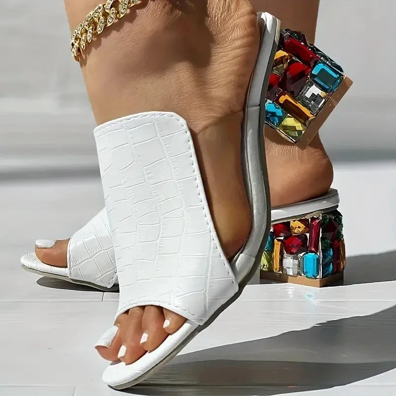 Women's Crystal Open Toe Heeled Sandals – Beach Summer Style Heeled Sandals Axl White 36