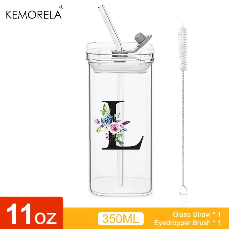 KEMORELA 300ml Letter-Shaped Glass Tumbler with Lid & Straw