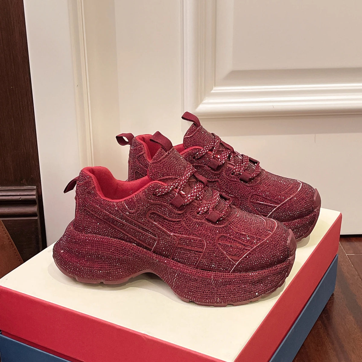 YEAE Women's Diamond Leopard Thick-Sole Sneakers | Lace-Up Fashion Sneakers Axl wine red 35