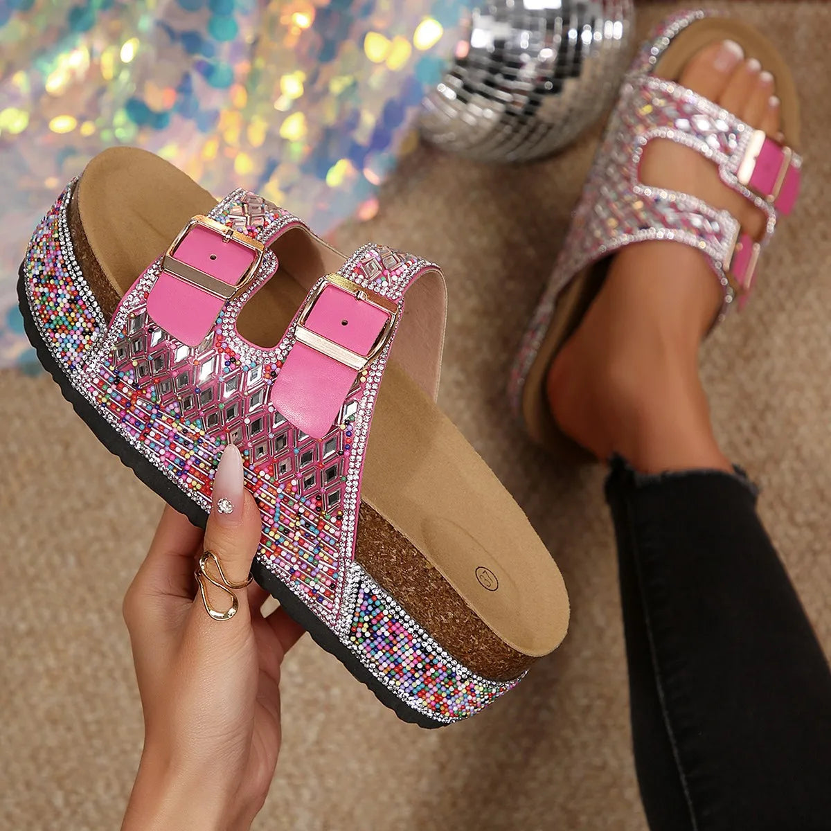 Women's Wide-Fit Platform Sandals | Double Buckle Diamond Slides Platform Sandals Axl