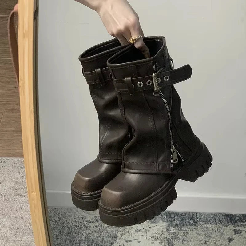 Women's Winter Platform Biker Boots – Belt Buckle Mid-Calf Women's Platform Boots Axl