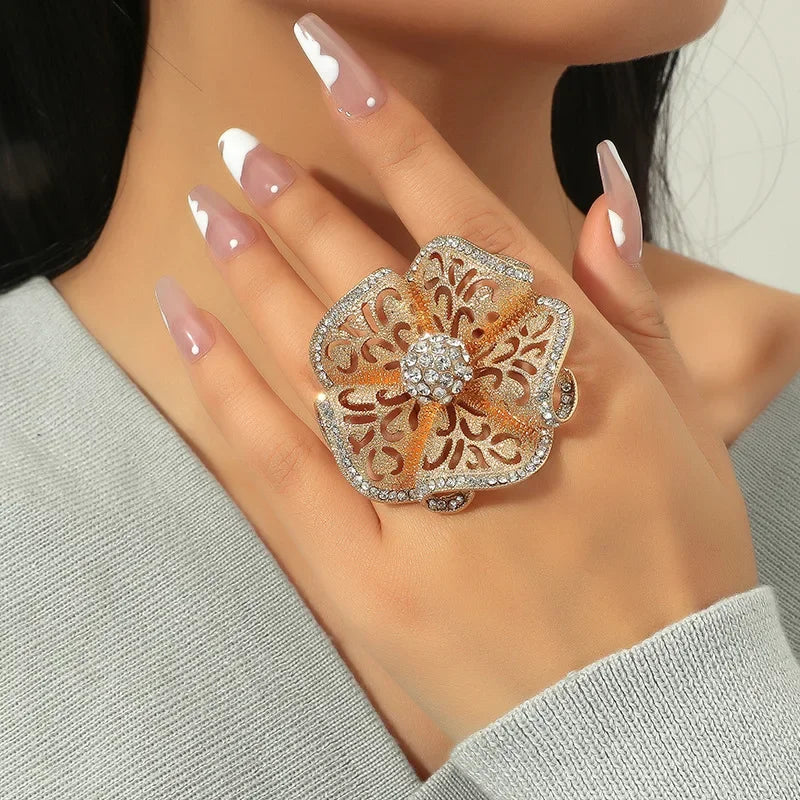 Luxury Flower Zircon Adjustable Ring – Gold Hollow Statement Fashion Statement Ring Axl