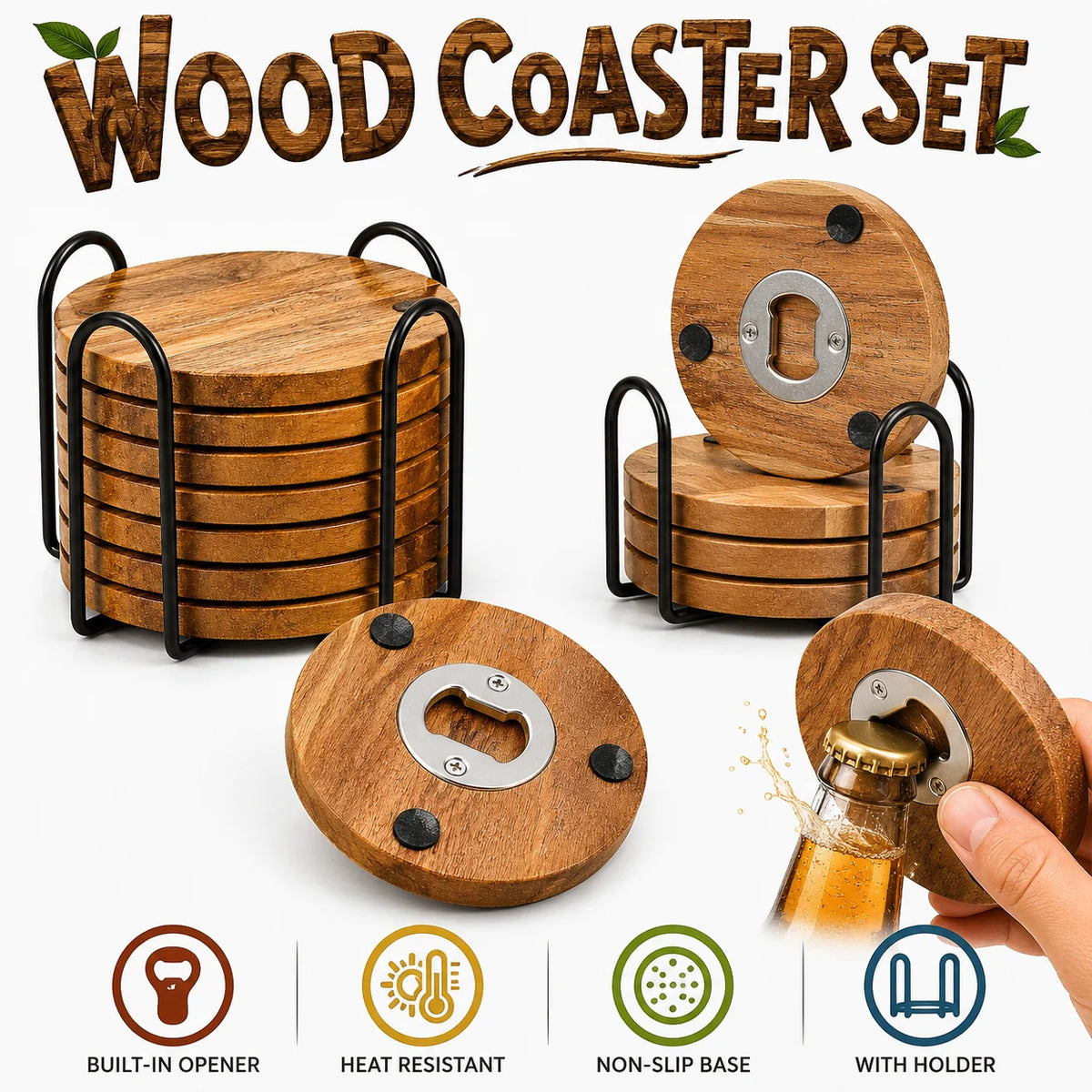 Wooden Coaster with Bottle Opener 2-in-1 | 6 or 8 Pack Bar Coaster Set Axl