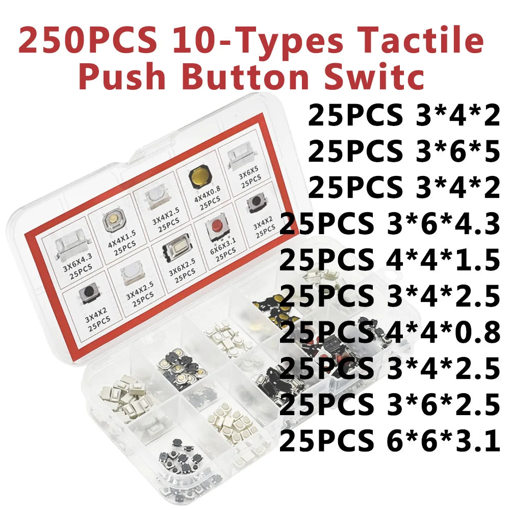 250PCS Tactile Push Button Switch Kit – 10 Types Microswitch Set Microswitch Assortment Kit Axl 250PCS Switch Kit