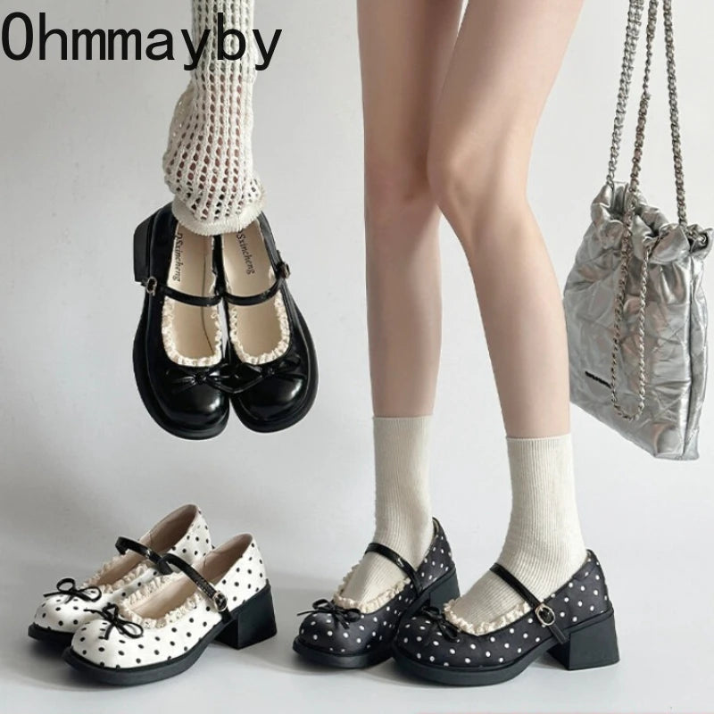 Polka Dot Mary Jane Pumps – Women's Butterfly-Knot Block Heel Mary Jane Pumps Axl