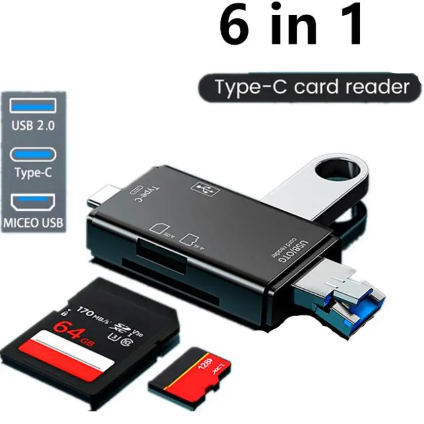 6-in-1 OTG Card Reader – USB-C, Micro USB, TF & SD Adapter OTG Card Reader Axl