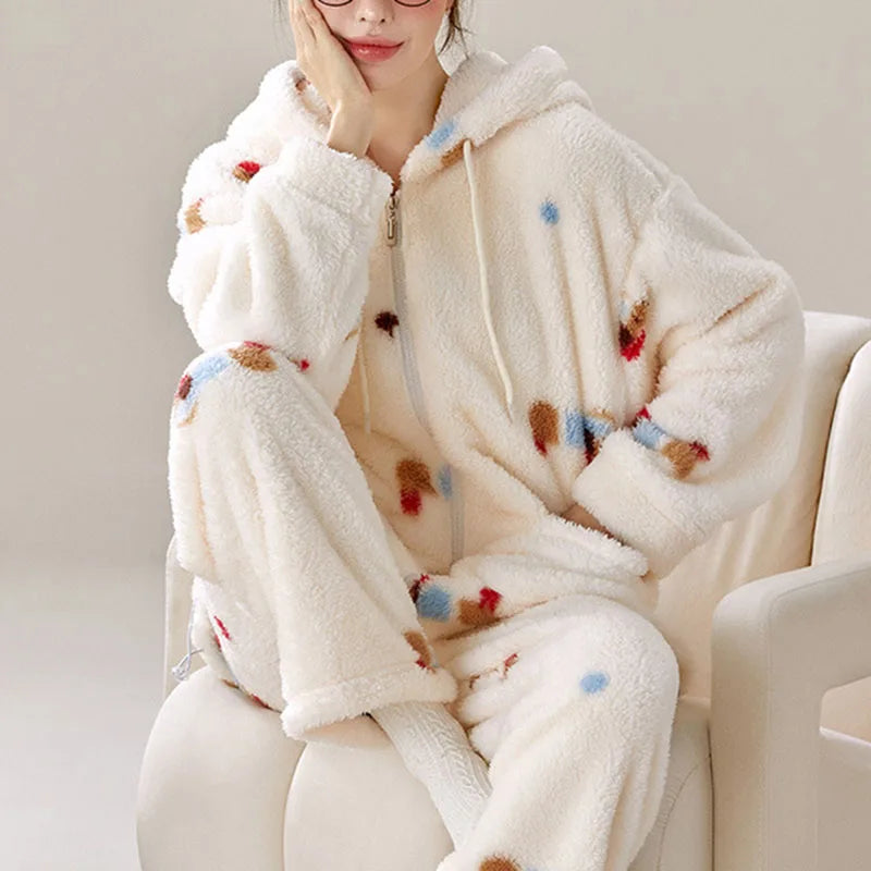 Women's Hooded Cartoon Pajama Set – Warm Fleece 2-Piece Homewear Women's Pajama Set Axl