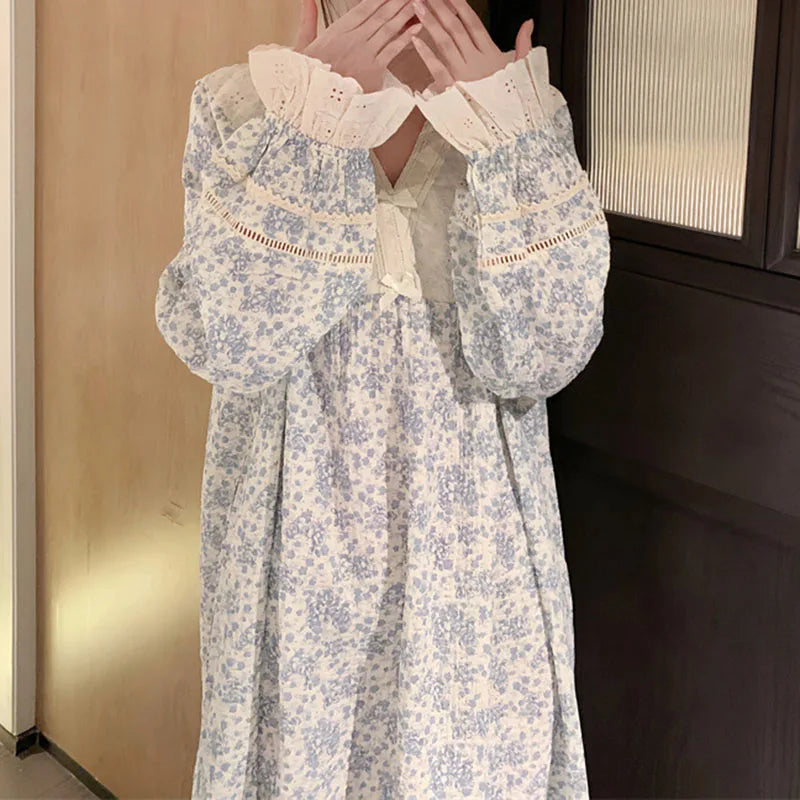 Women's Floral Lace V-Neck Long Nightgown | Soft Rustic Sleepwear Women's Nightgown Axl blue One Size