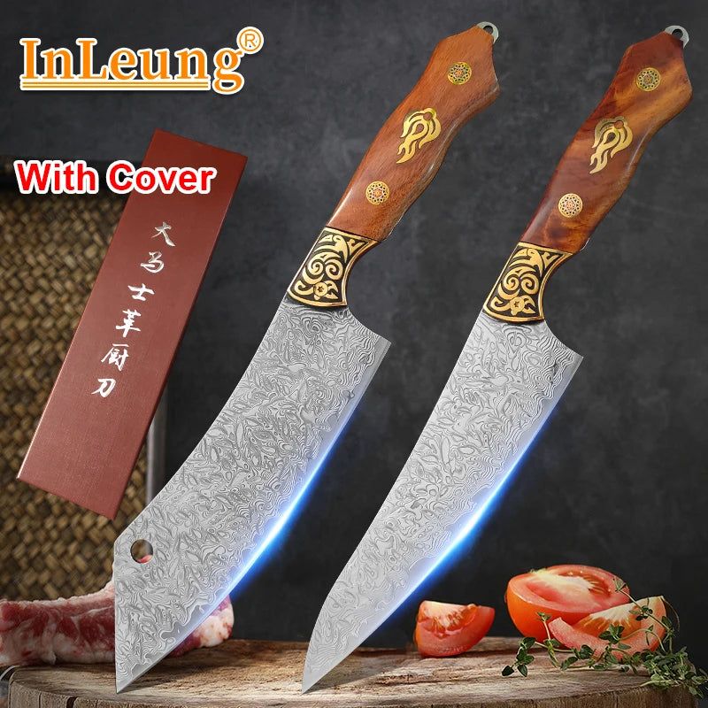 Damascus Steel Chef Knife – Wood Handle & Gift Box | InLeung Damascus Chef Knife Axl