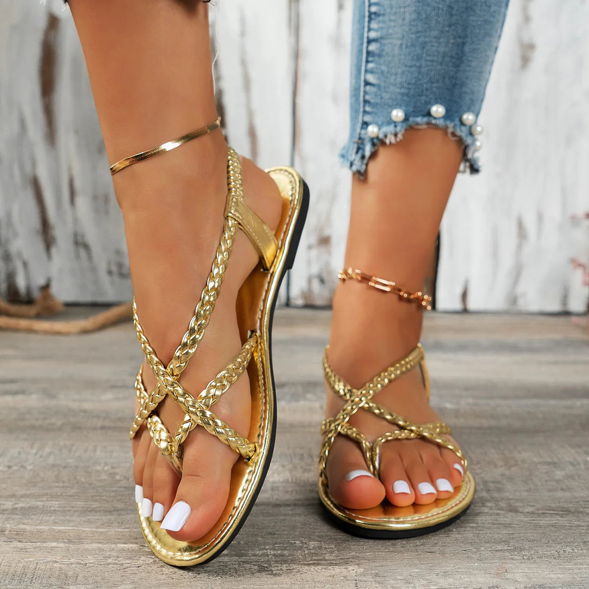 Women's Woven Hollow Flat Sandals – Clip Toe Beach Slides Women's Flat Sandals Axl Gold 36