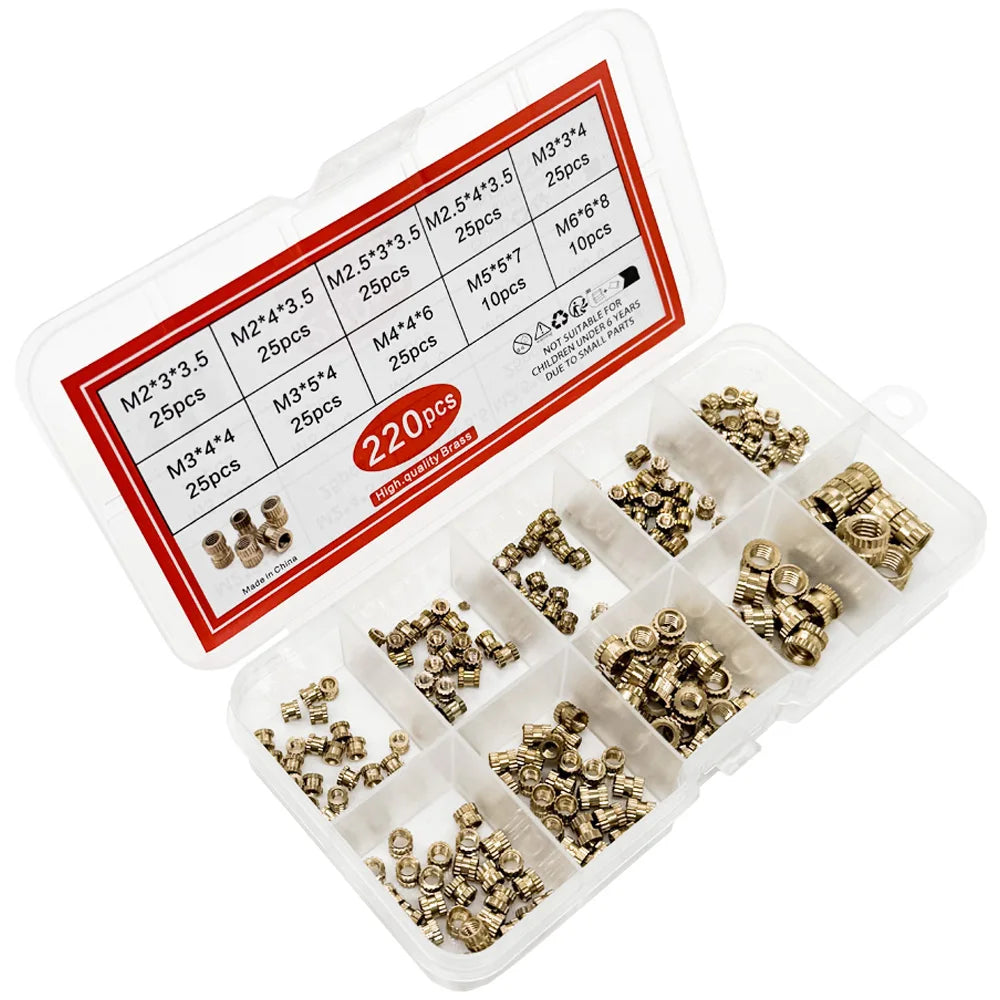 220-Piece Brass Heat Insert Nut Set M2–M6 | Knurled Thread Inserts Heat Insert Nut Set Axl