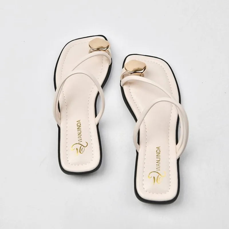 VKJF Women's Clip Toe Low-Heel Sandals | Summer Walking Slides Clip Toe Sandals Axl 37 Beige