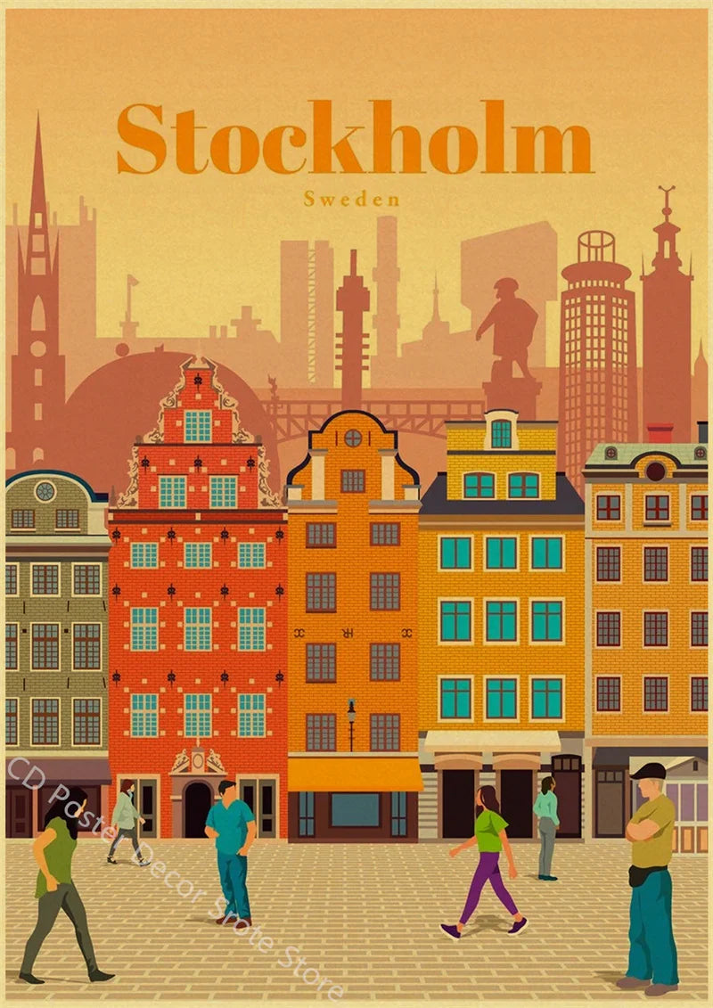 World Cities Retro Travel Poster – Rome Paris Sydney Dubai Art