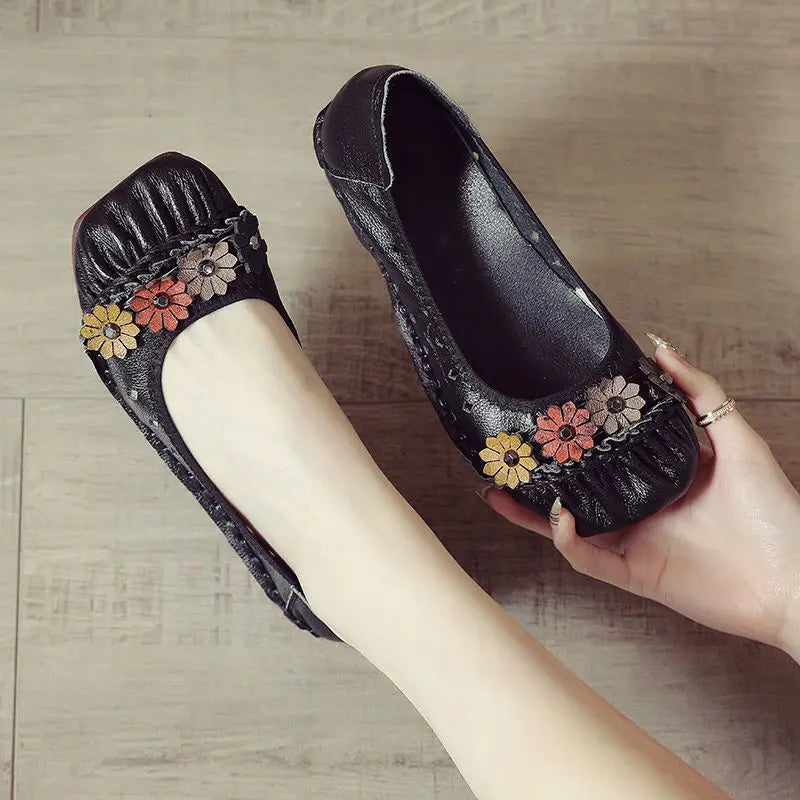 Women's Genuine Leather Floral Loafers | Wide Fit Flat Moccasins Leather Flat Loafers Axl