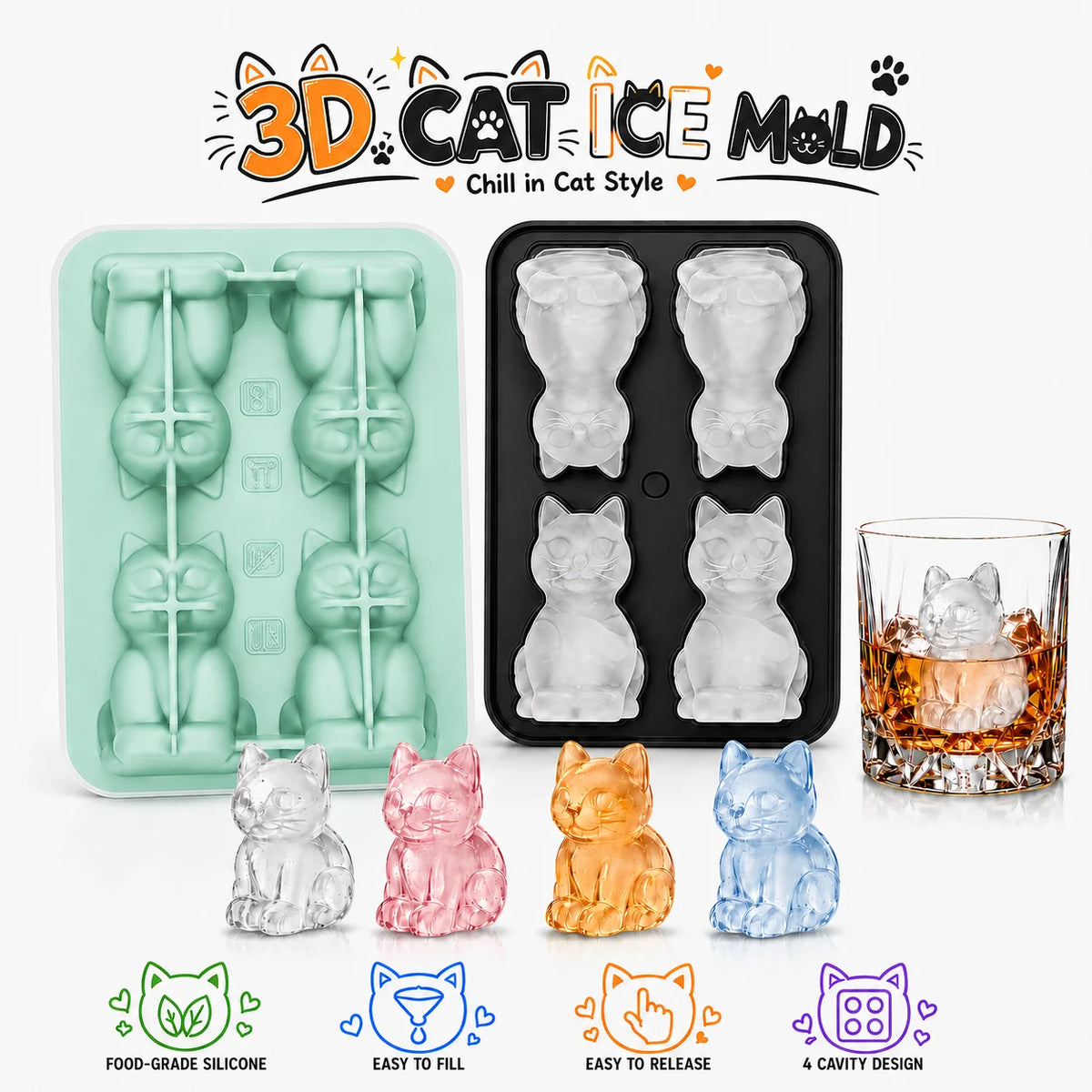 4-Cavity 3D Cat Silicone Ice Cube Tray Mold with Funnel Silicone Ice Cube Mold Axl