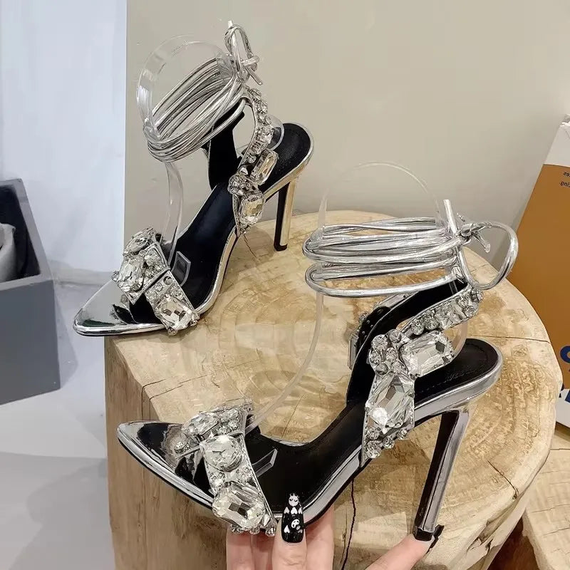 Crystal Stiletto Sandals – Rhinestone Ankle Strap Wedding Heels Stiletto Heeled Sandals Axl Silver 8.5CM 35