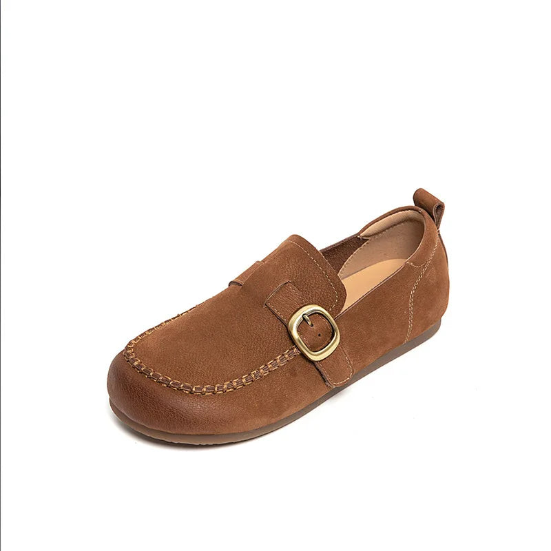 Women's Vintage Loafers – Metal Buckle Slip-On Flat Shoes Women's Loafers Axl Light Brown 38