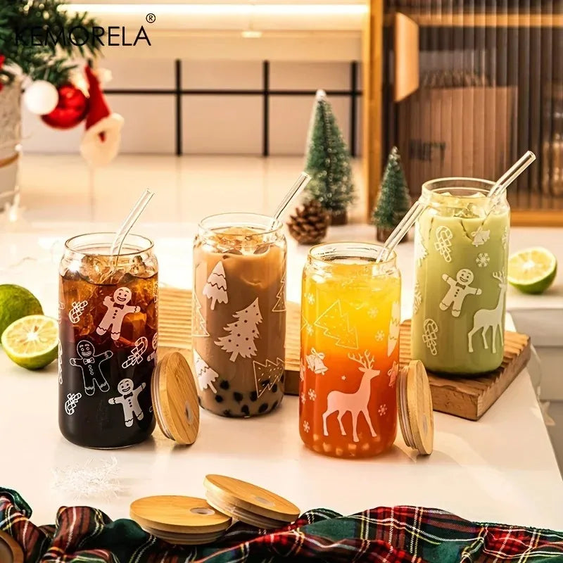 Christmas Glass Tumbler 480ml – Xmas Tree & Elk Cup, Lid & Straw Glass Tumbler Set Axl