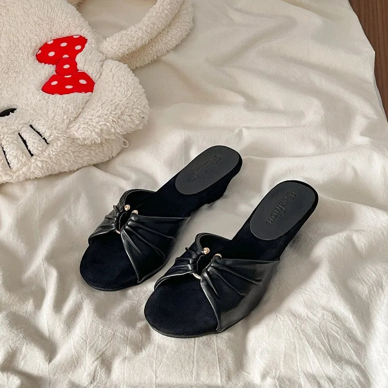 Women's Wedge Slides – Butterfly-Knot Open Toe Summer Heels Wedge Heel Slides Axl black 35