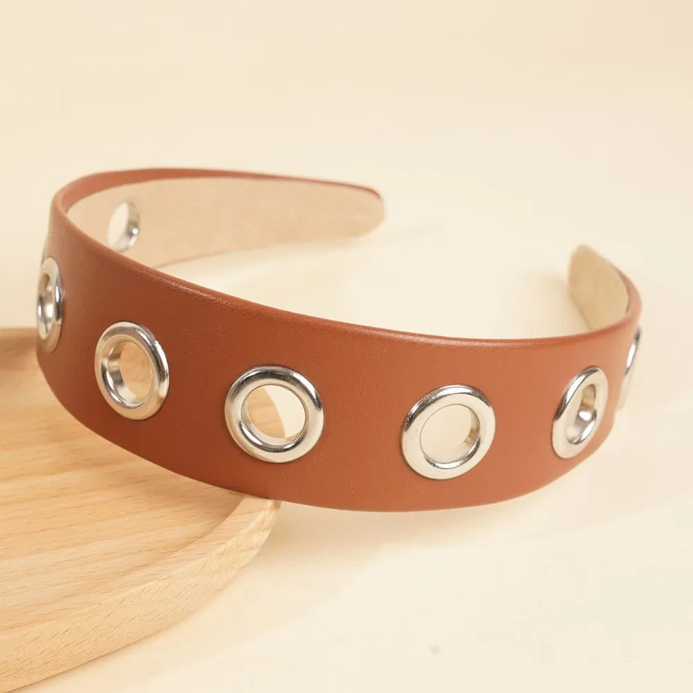 Punk PU Leather Headband | Metal Grommet Steampunk Hair Wrap Punk Hair Headband Axl Brown