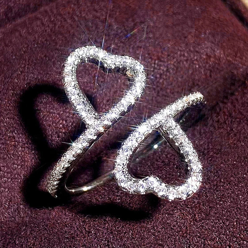 Huitan Double Heart CZ Adjustable Ring | Women's Fashion Ring Fashion Ring Axl T0638 resizable