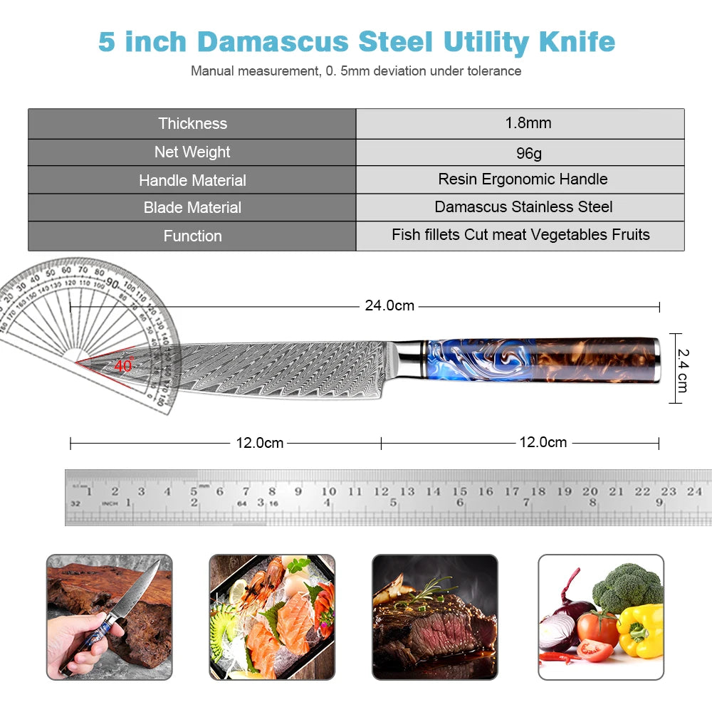 XITUO 5-Inch Damascus Steel Utility Knife – Sharp Resin Handle Damascus Kitchen Knife Axl