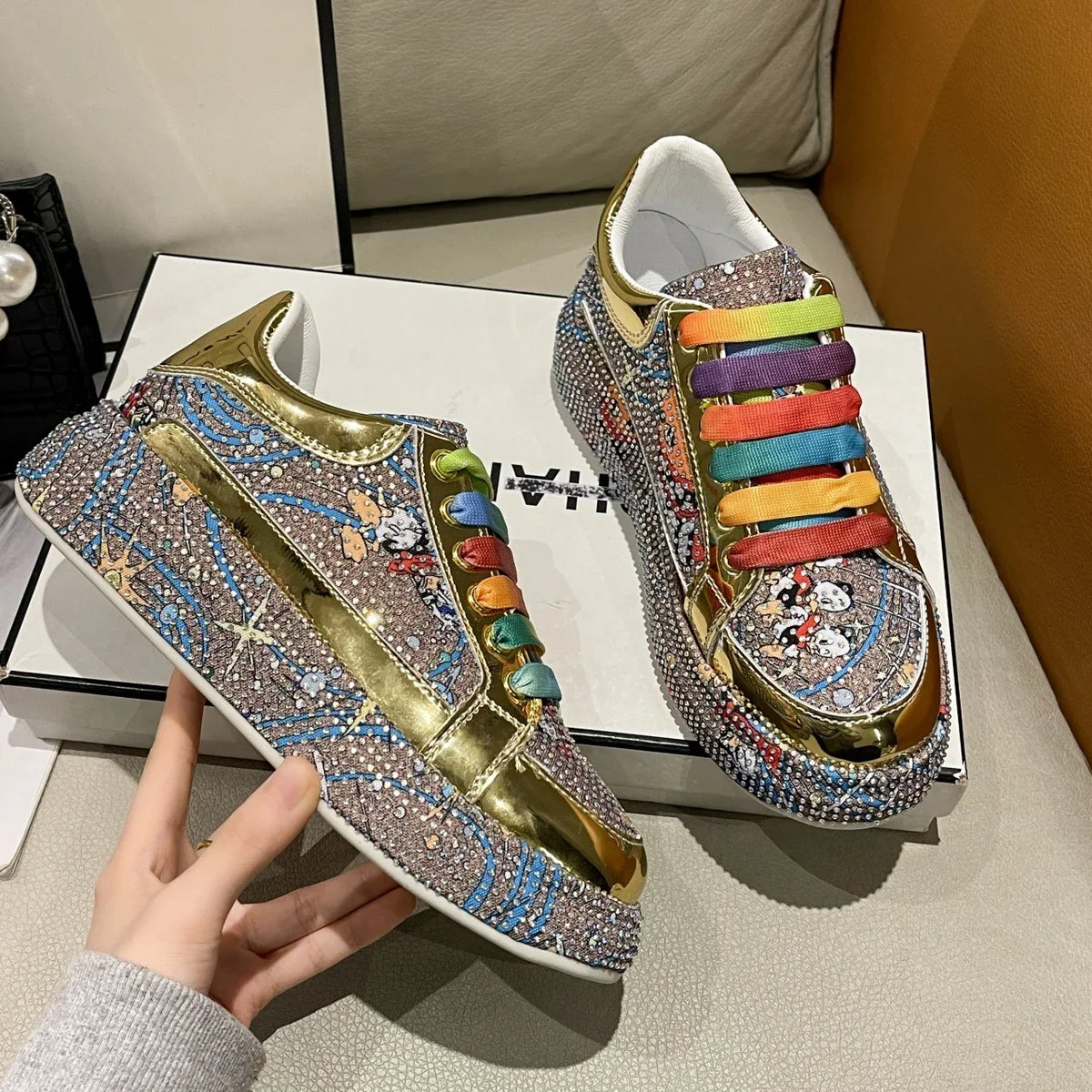 YEAE Rhinestone Platform Loafers – Women's Shiny Sneakers Platform Loafer Sneakers Axl Gold 35