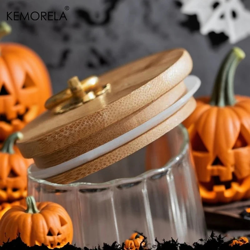 Halloween Glass Candy Jar with Airtight Wood Lid | Canister Glass Storage Jar Axl